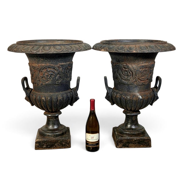 Late 19th Century Pair of Antique French Cast Iron Campana Garden Urns With Lion Mask Handles 24" For Sale - Image 5 of 10