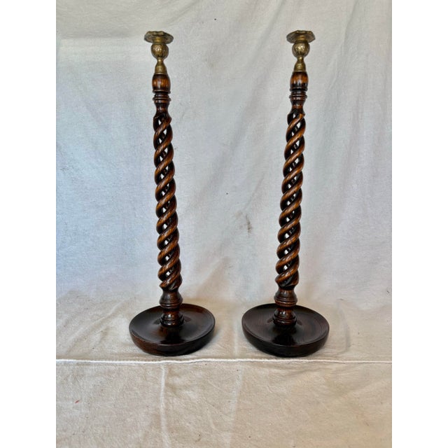 This pair of 19th Century English Oak Open Barley Twist Candlesticks date back to the late 1800's. Each candlestick...