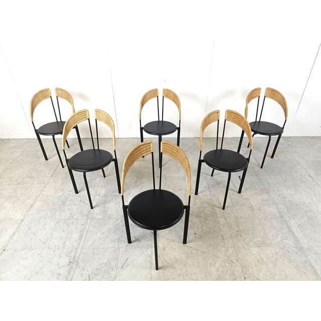 Italian Postmodern Wicker and Metal Dining Chairs, 1980s, Set of 6, in Good conditions. Designed 1980 to 1989