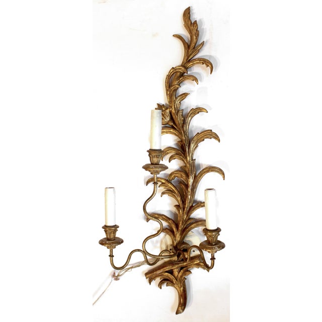 Gold Mid-20th Century Pair of Likely-Italian Gilt Wood Wall Sconces For Sale - Image 8 of 8