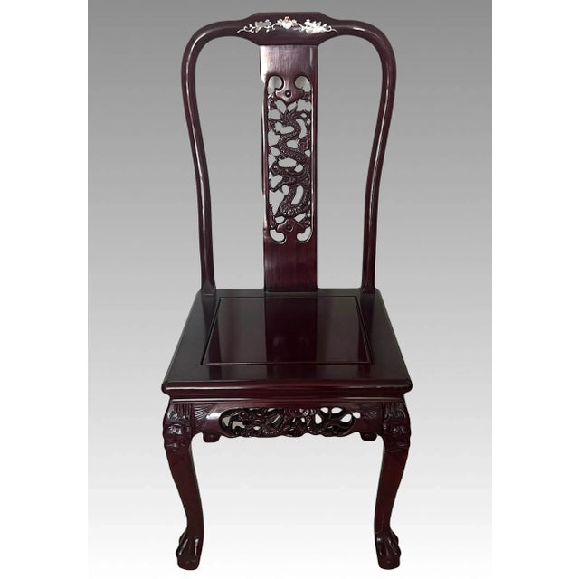 Vintage Mother of Pearl and Solid Rosewood Inlaid Asian Chinoiserie Dining Set for 8 People, (10 Pieces Table and Chairs) For Sale - Image 4 of 12