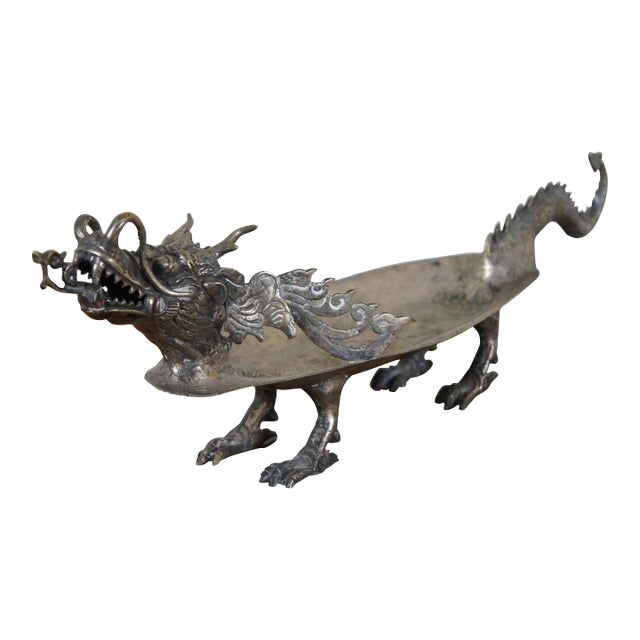 Vintage Bronze Sculptural Chinese Dragon Centerpiece Serving Tray Bowl Compote For Sale