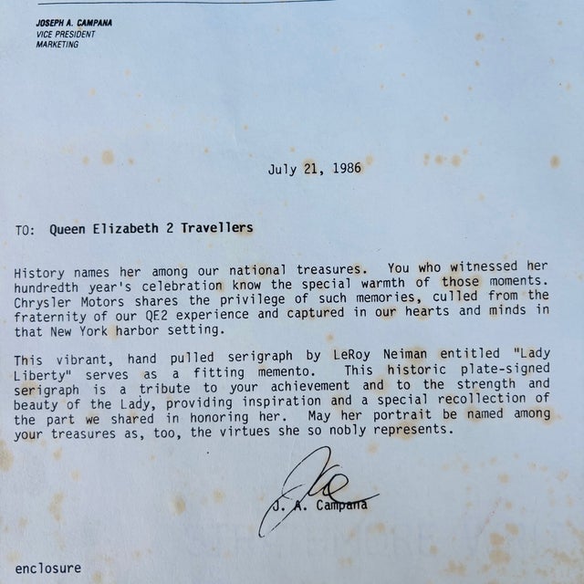 LeRoy Neiman “Lady Liberty” 1986 Plate Signed Serigraph + Chrysler Letter For Sale - Image 17 of 17