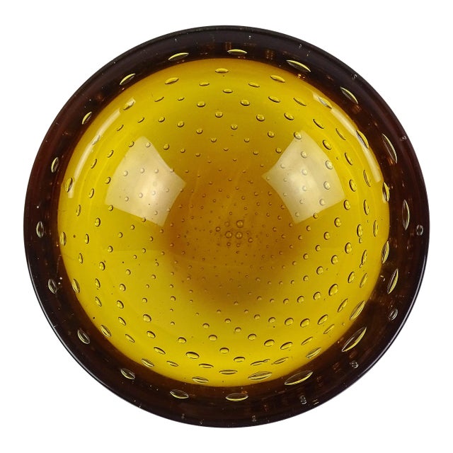 Murano Golden Honey Amber Controlled Bubbles Italian Art Glass Vintage Decorative Catchall Bowl For Sale