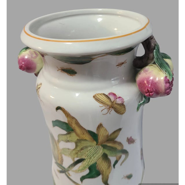 Mid 20th Century Vintage Asian Hand Painted Porcelain Butterflys Pomegranate Handles Vase For Sale - Image 5 of 10