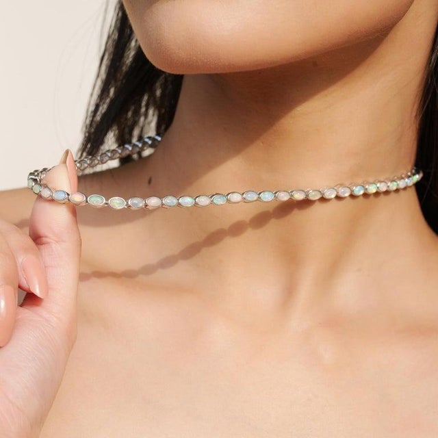 Handmade Victorian Opal Gemstone Tenniw Necklace in Silver by Caratandher For Sale - Image 4 of 12