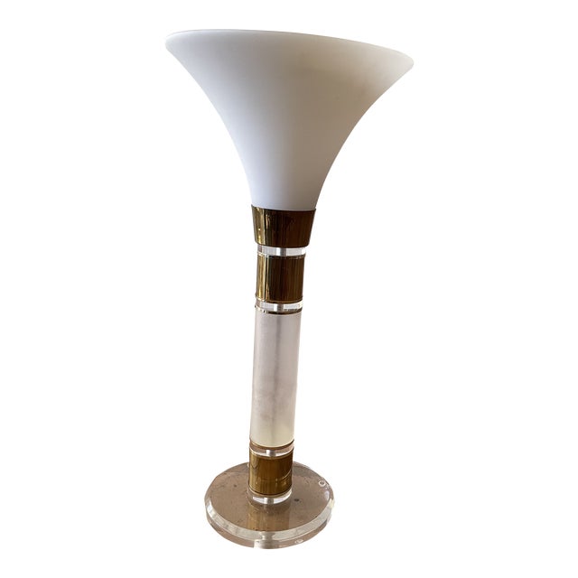 Large Vintage 80s Lucite and Gold Metal Column Table Lamp With Frosted Glass Fan Shade For Sale