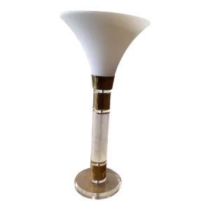 Large Vintage 80s Lucite and Gold Metal Column Table Lamp With Frosted Glass Fan Shade