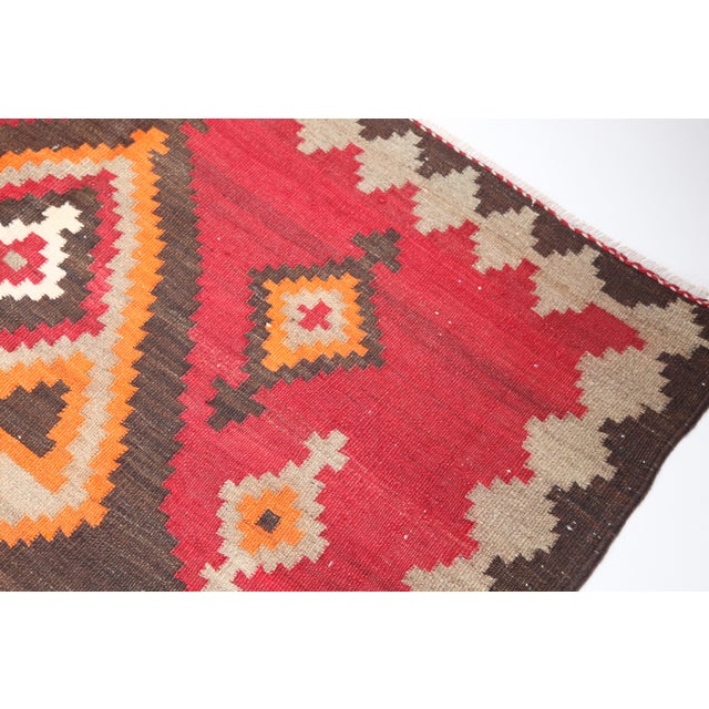 Antique Caucasian Karabagh Kilim With Bold Tribal Medallion in Crimson & Red Tones -4' 4'' X 10' 4'' For Sale - Image 4 of 7