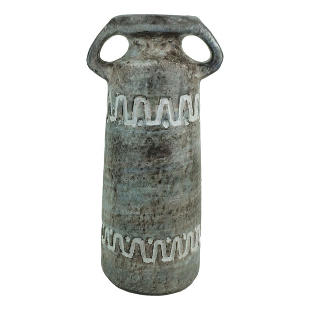 Mid-Century Ceramic Vase Model V/32 with Relief Pattern Gray Brown and Blue from Heissner Keramik For Sale