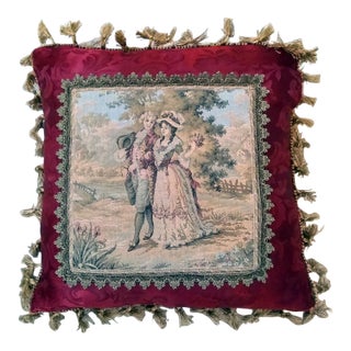 Vintage French Country Ruby Red Tapestry Pillow For Sale