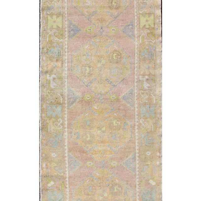 Turkish Vintage Turkish Oushak Runner With Geometric Medallions in Light Blue and Yellow For Sale - Image 3 of 7