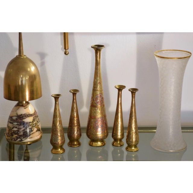 Set of Five Tall Engraved Brass Vases, Middle East, Early 20th Century For Sale - Image 11 of 13