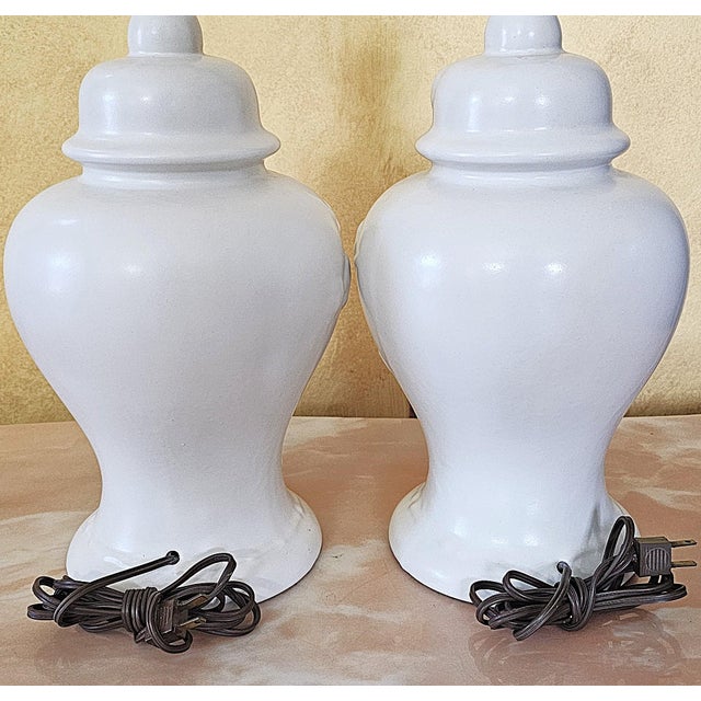 White Pair of Vintage White Ceramic Ginger Jar Table Lamps With Floral Relief & Diane Shades For Sale - Image 8 of 18