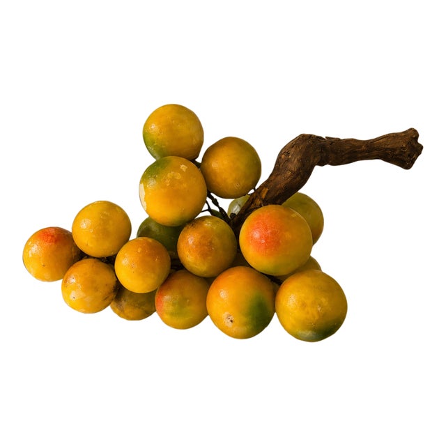 Vintage Italian Alabaster Fruit Cluster Sculpture on Natural Driftwood – Hand-Carved Mid-Century Décor For Sale