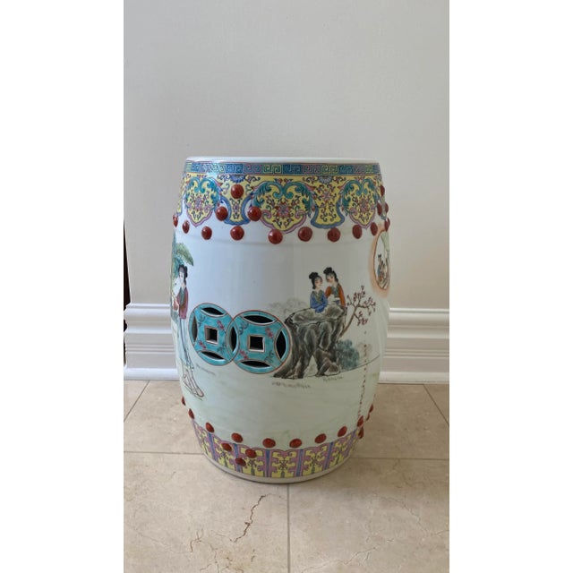 Famille rose bright colorful vintage ceramic garden seat, stool or occasional side table. A beautiful piece of history...