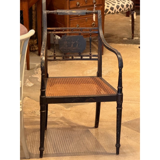 19th Century Regency Ebonized Armchair With Painted Back Panel For Sale - Image 4 of 14