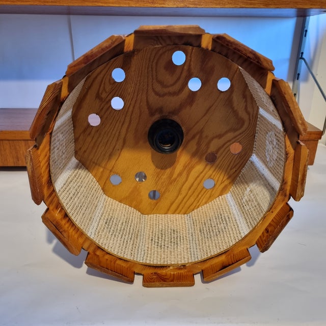 1970s Mid Century Modern Swedish Pine & White Hessian Pendant Lamp For Sale - Image 6 of 7