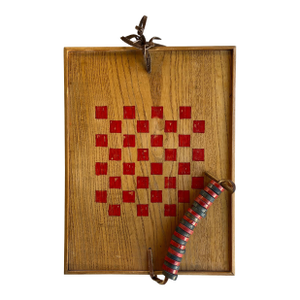 Vintage Hand-Painted Wooden Checkerboard With Original Red and Black Game Pieces