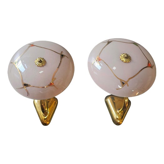 French Bronze Sconces with Powder Pink Glass Shades, France, 1950s, Set of 2 For Sale
