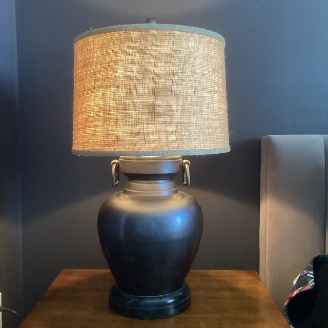 Visual Comfort Bronze Finish Metal Urn Lamp With Burlap Drum Shade For Sale In Atlanta - Image 6 of 6