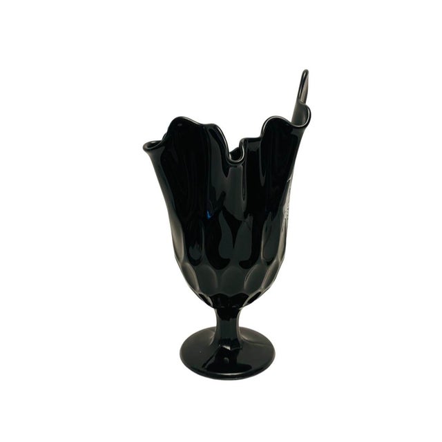 Fenton Art Glass Company Vintage Fenton Thumbprint Hand Painted Handkerchief Black Vase, Signed For Sale - Image 4 of 6