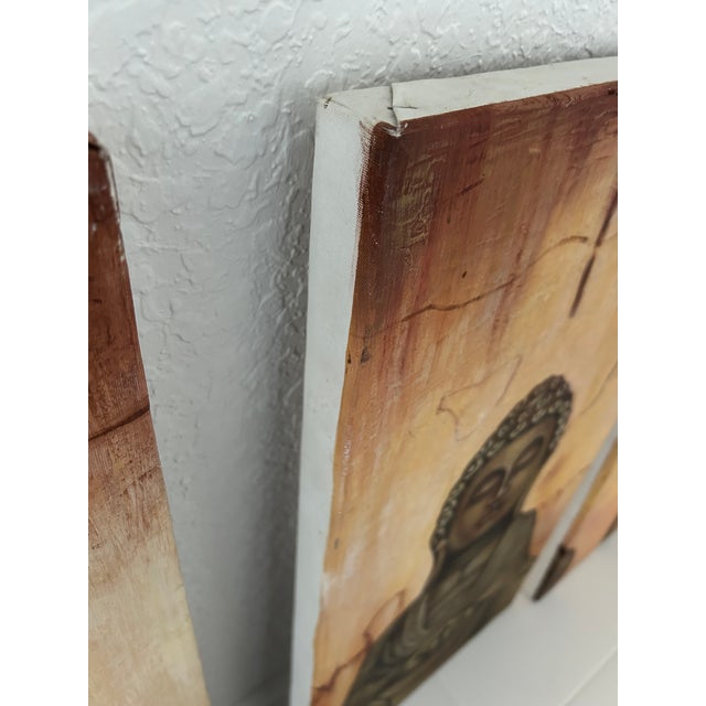 Textile Vintage Large Peaceful Sitting Buddha Three Canvas Painting For Sale - Image 7 of 11