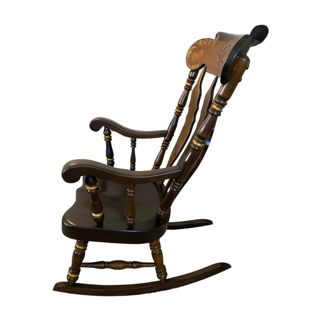 1960s Hand Made Nichols and Stone Solid Maple, Rocking Chair. High Back Floral Motif, Accented Throughout With Gold Tone Rings. For Sale In Houston - Image 6 of 12