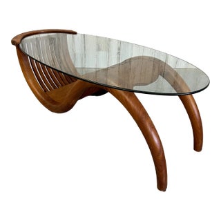 Sculpted Teak With Oval Glass Coffee Table For Sale