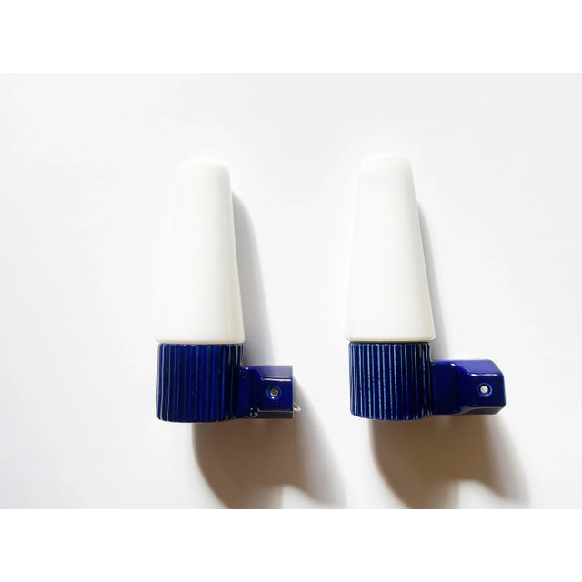 Glass Blue Ceramic and Opaline Glass Sconces by Sigvard Bernadotte for Ifö, 1960s, Set of 2 For Sale - Image 7 of 14