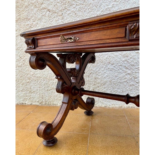 Spanish Baroque Revival Writing Table with Lyre Legs and Leather Top, 1920s For Sale - Image 4 of 10
