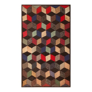1920s Multicolor Square Tridimensional Antique American Hooked Rug 2'10" X 4'10" Handknotted Wool Carpet For Sale