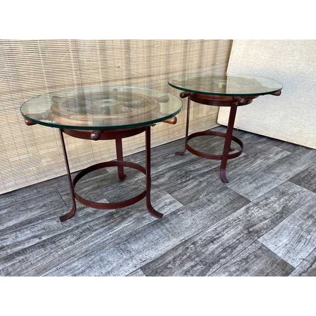 A Pair of Vintage Handcrafted Ship's Wheel Glass Top Side Tables. Circa 1970s For Sale In Miami - Image 6 of 18