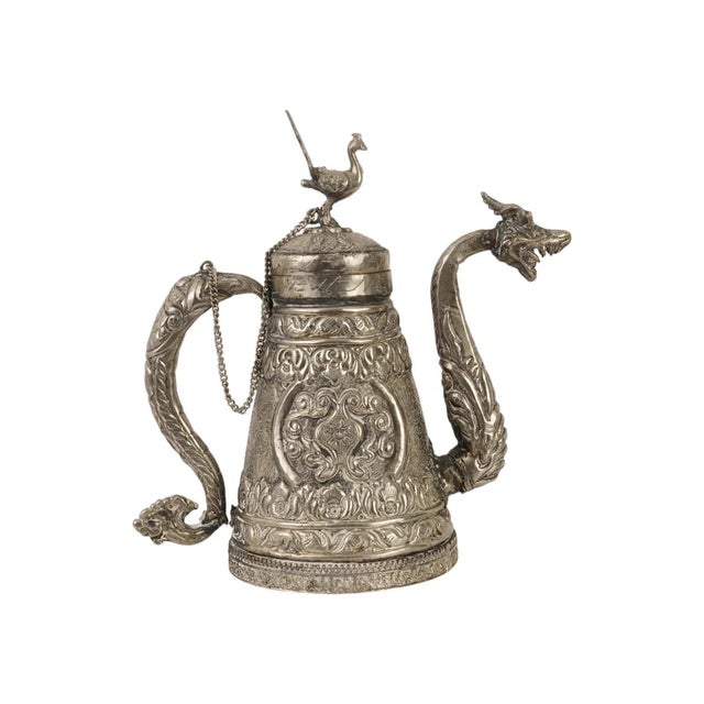 Tibetan Asian Indian Repousse Chased Silver Alloy Ewer Teapot For Sale In New York - Image 6 of 8