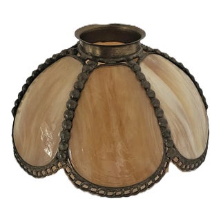 Vintage 1930s Carmel Bent Slag Glass 6-Sided Lamp Shade With Beaded Details For Sale