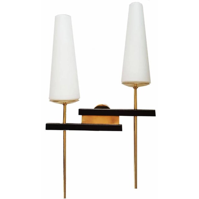Mid-Century Modern Maison Arlus Pair of Sconces Brass, Steel & Blown Opaline Shades France 1955 For Sale - Image 3 of 11