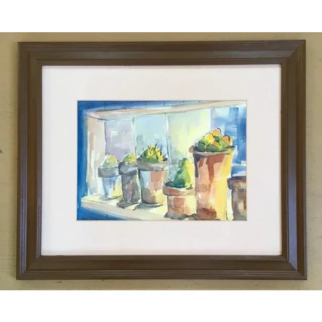 Potted Succulents, 1980's Still Life Watercolor Painting, Signed and Framed For Sale - Image 12 of 12