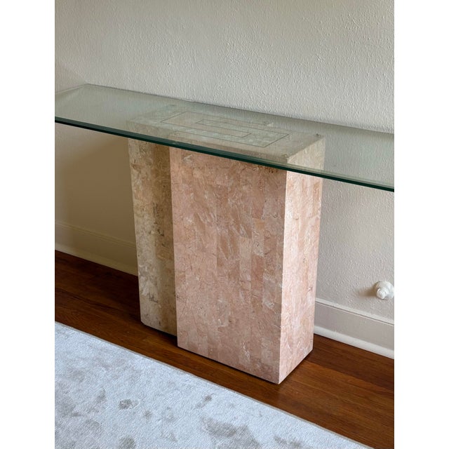A Pink Fossil Stone Console Table With Glass Top by Magnussen, Circa 1980 For Sale - Image 11 of 12