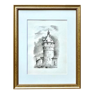 Antique Original Pen and Ink Drawing of a Castle Tower Schaffhauser Switzerland 19th Century For Sale