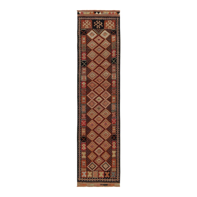 Vintage Turkish Runner in Orange, Black and Beige-Brown Geometric Patterns For Sale