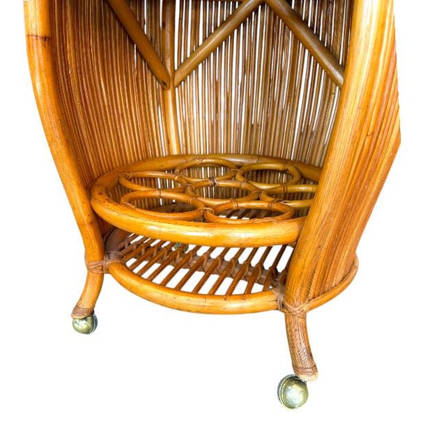 Italian Mid Century Rattan & Bamboo Barrel Bar Cart For Sale - Image 11 of 11