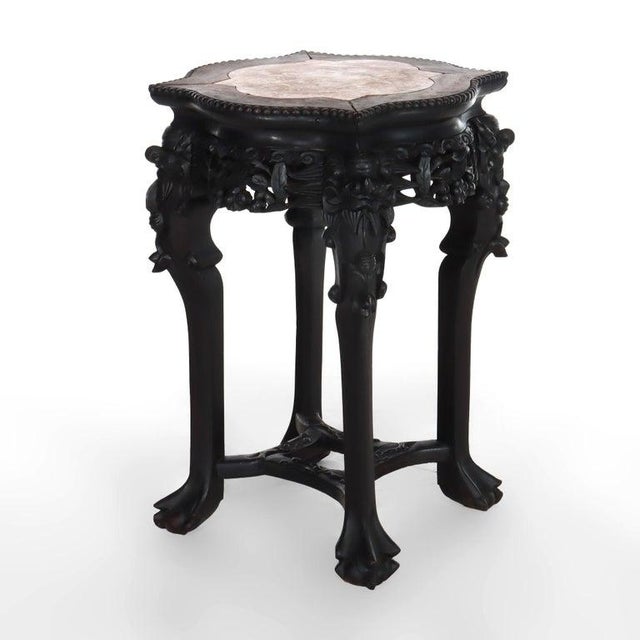 Antique Chinese Carved Rosewood Rouge Marble Top Claw & Ball Foot Stand c1910 Measures - 23 1/2" x 19" x 19" An antique...