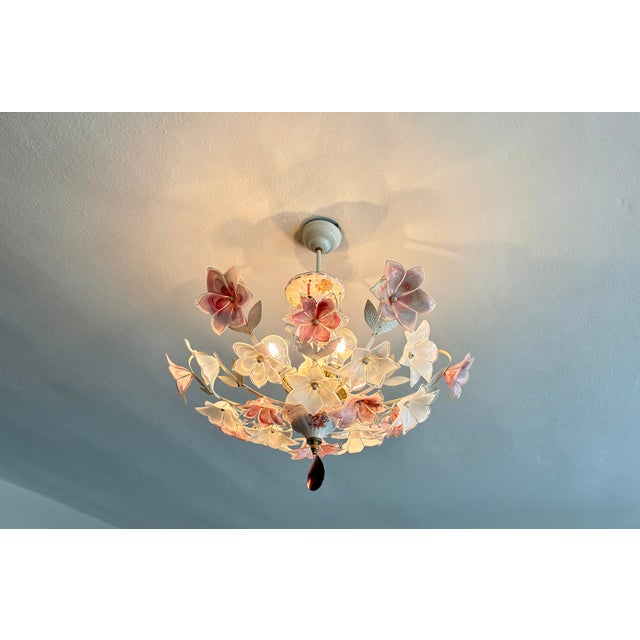 Vintage Murano Style Floral Chandelier – Romantic Pink & White Glass Bouquet Light For Sale - Image 11 of 17