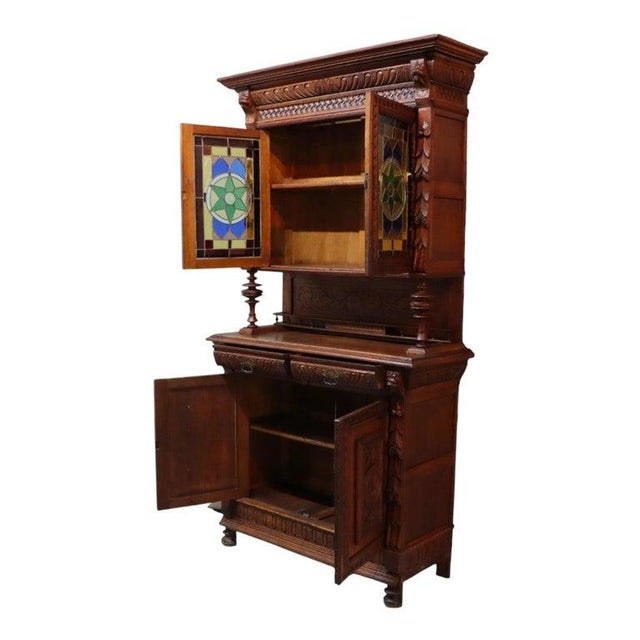 1900 - 1909 English Jacobean Carved Oak Sideboard With Ornate Stained Glass C1900 For Sale - Image 5 of 16