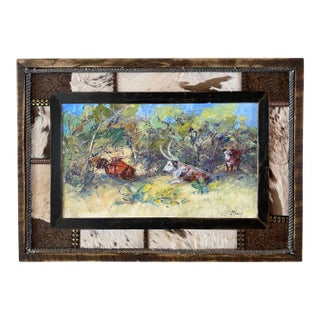 "Afternoon Shade"~ Lorie Batson, Original Oil Painting. A Sunlit Scene That Depicts Cows Resting Under Mesquite Trees in Texas. For Sale