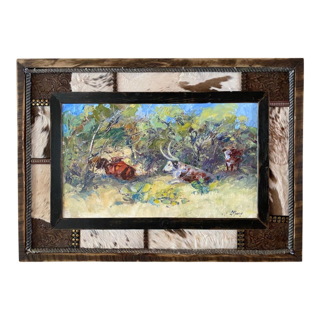 "Afternoon Shade"~ Lorie Batson, Original Oil Painting. A Sunlit Scene That Depicts Cows Resting Under Mesquite Trees in Texas. For Sale