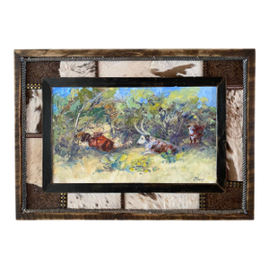 "Afternoon Shade"~ Lorie Batson, Original Oil Painting. A Sunlit Scene That Depicts Cows Resting Under Mesquite Trees in Texas.