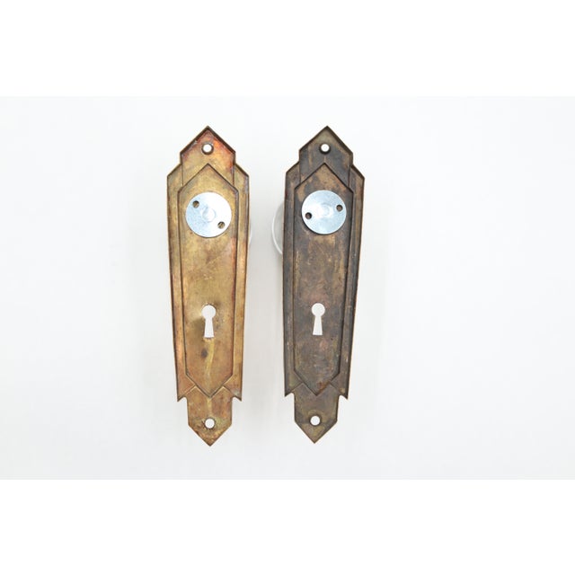 Metal Pair of Vintage Glass Dummy Door Knobs With Deco Keyhole Plates For Sale - Image 7 of 7