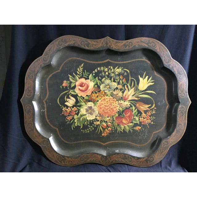 19th Century Floral Painted French Tole Antique Table Tray For Sale - Image 13 of 13