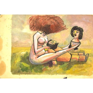 Mino Maccari, Nude, Mid-20th Century, Charcoal and Watercolor Drawing For Sale